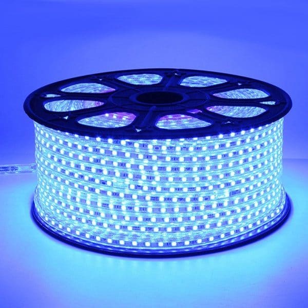 Tira de luz LED flexible I LumoS 7 x 14 mm azul, IP65, resistente al agua, regulable, 220-240 V, 8 W/m